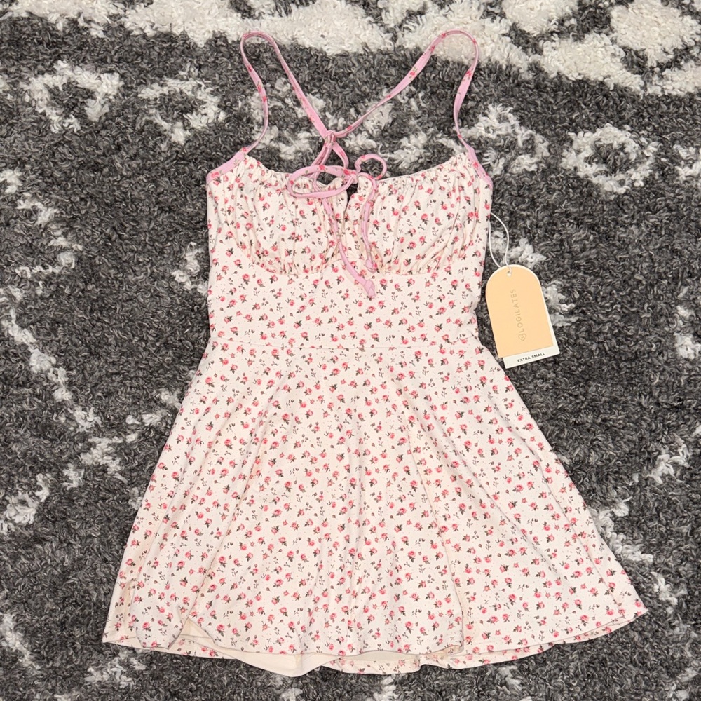 NWT Blogilates Popflex Tie Front Twirl Cream Floral Pink Dress -XS